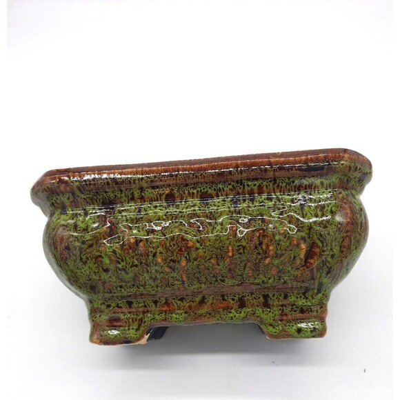 Vintage Haeger Pottery Green Brown Splattered 9.5" Glazed 4 Footed Planter - Picture 6 of 8